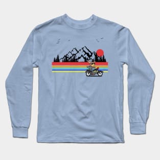 Dog riding a motorcycle with a mountain backdrop and sunset Long Sleeve T-Shirt